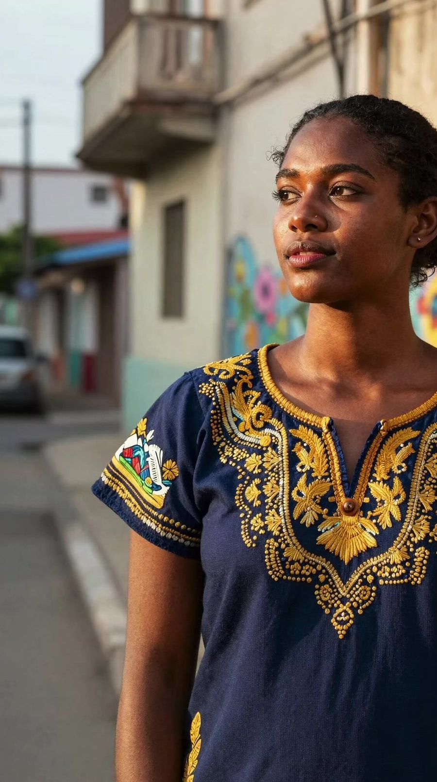 A young Haitian woman in an embroidered blouse on a street in Haiti